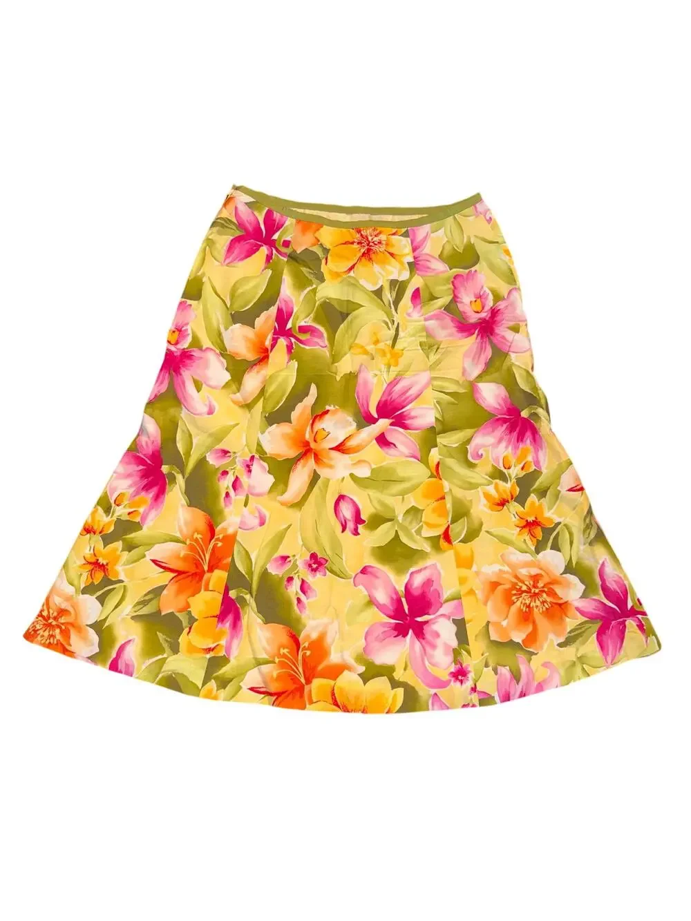 Talbots Floral Silk Cotton Midi A-Line Skirt Yellow Pink Tropical Cottagecore 4